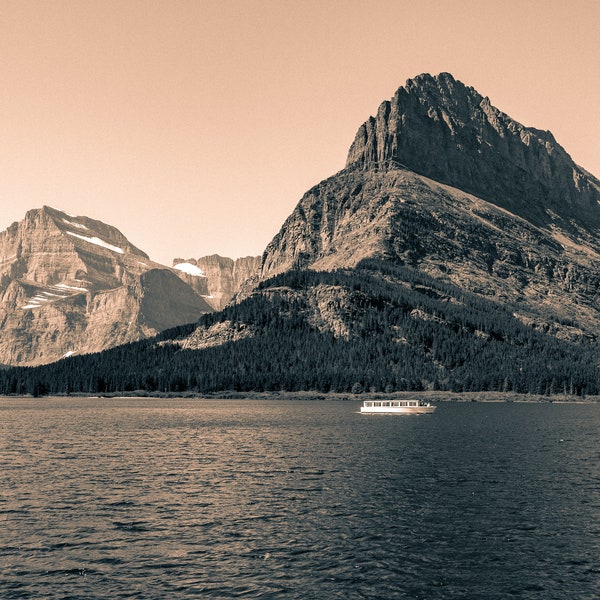 Glacier National Park, Many Glacier, Lake Swiftcurrent, overlooking Mount Grinnell, Montana. Black and White Photographic Print