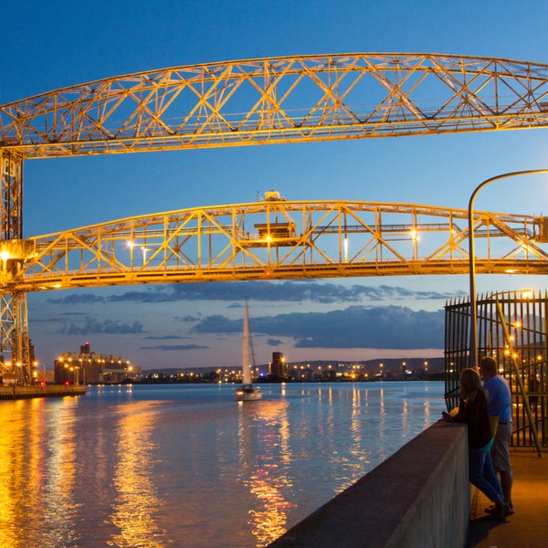 Aerial Lift Bridge, Canal Park, Duluth, Minnesota, Sail Boat, North Shore, Night, Reflection, City lights, Water, Lake Superior