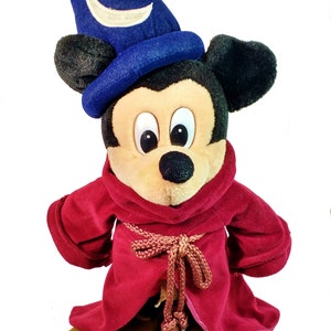 Plush Mickey Mouse Blue Wizard hat with stars, moon, tied robe, no background.
