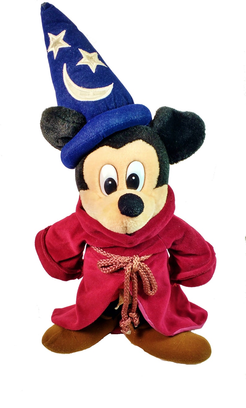 Plush Mickey Mouse Blue Wizard hat with stars, moon, tied robe, no background.