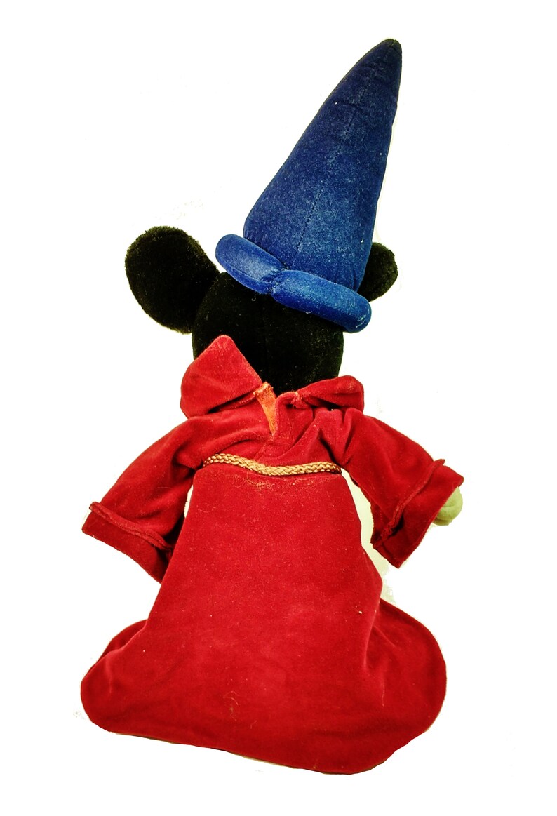 Plush Mickey Mouse Blue Wizard rear view, hat, tied red robe.