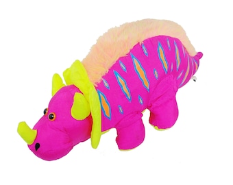 Vintage Stuffins Triceratops Plush: Neon Pink & Yellow Dinosaur Toy