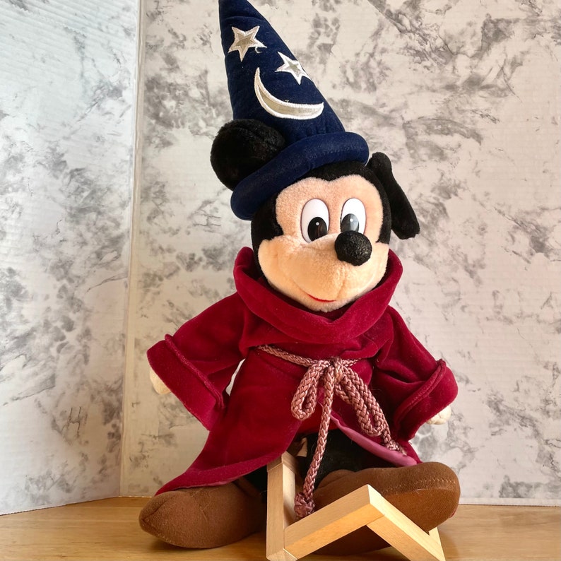 Plush Mickey Mouse Blue Wizard hat with stars, moon, tied robe, red smile.