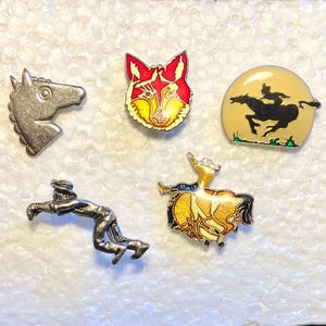Vintage Western Themed Pins, Horse Silhouette, Cowboy Bucking, Wolf Head Pin, Hat Lapel Pin Collection, Country Cowgirl Fashion Jewelry
