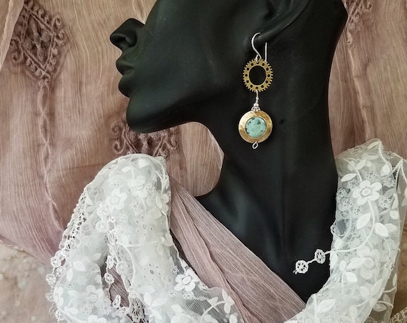 Bronze Steampunk/Boho Earrings with Turquoise Glass Bead, Eclectic Design, Hypoallergenic, Nickel-Free, Vegan-Friendly, Copper Witch Designs
