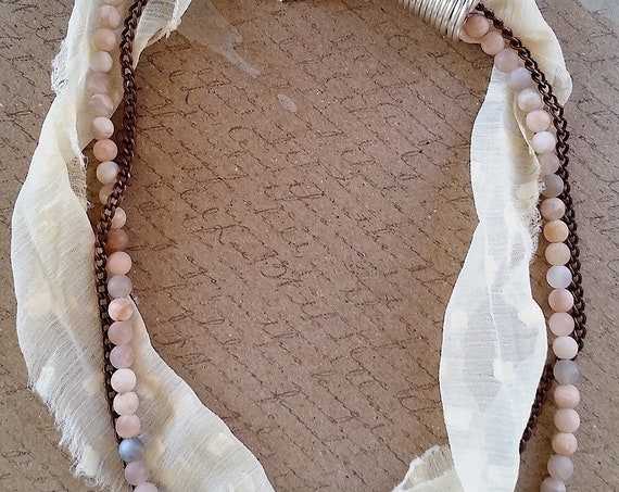Unpolished Moonstone, Copper, and Fabric Necklace