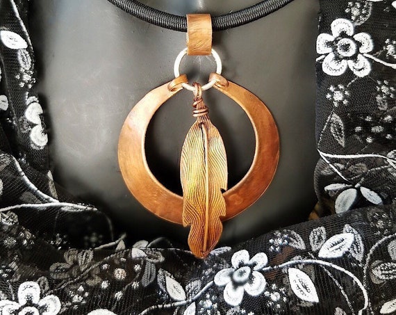 Hand Crafted Bird Lover's Necklace With Copper Feather and Circle, Vegan-Friendly, Hypoallergenic