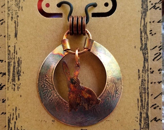 Hand Crafted Pendant Featuring A Copper Rabbit Resting on a Delicately Textured Copper Medallion, Can Be Personalized, Statement Jewelry