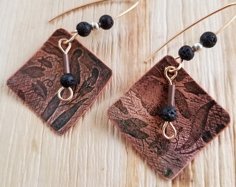 Artisan Crafted Copper Earrings with Lava Beads, Textured Square Rhombus with Antique Finish, Boho Earrings, Drop Earrings