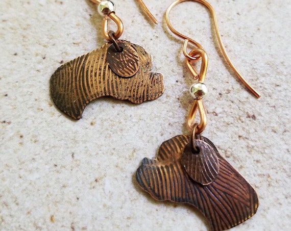 Artisan Crafted Copper Drop Earrings With Silhouette of a Boxer, Textured Antique Finish, Statement Jewelry for Pet Lovers, Hypoallergenic