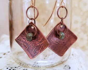 Rustic Copper Drop Earrings, Textured Concave Rhombus Square Adorned with a Porcelain Bead, Antique Finish