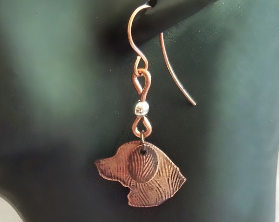 Hand Crafted Copper Drop Earrings Featuring Retriever Silhouette, Textured Antique Finish, Hypoallergenic, Statement Jewelry for Pet Lovers