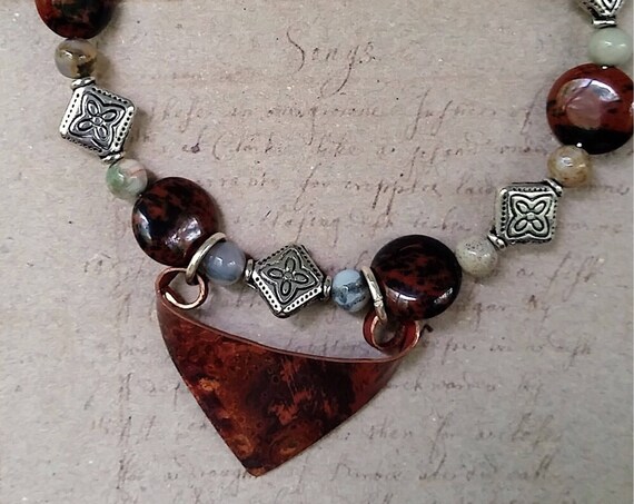 Beaded Bracelet with Brown Agate and Copper Focal Element
