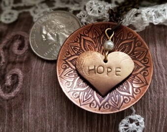 Inspirational Necklace With Heart-Shaped HOPE Affirmation Charm on a Textured Background, Choice of Texture.  Boho Jewelry