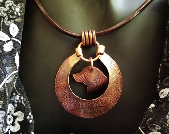 Hand Crafted Copper Medallion with Suspended Retriever Silhouette For Dog Lovers, Can be Personalized, Statement Jewelry