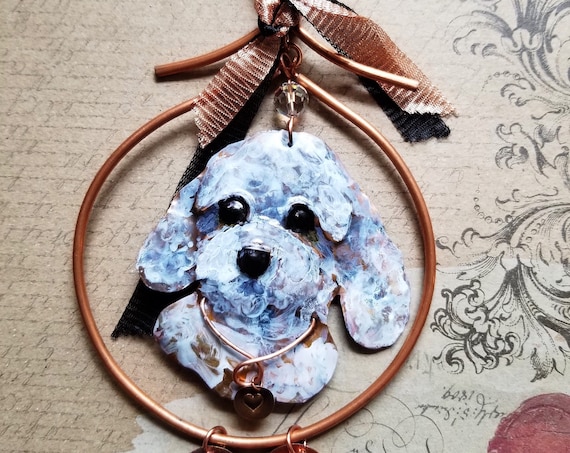 Artisan Crafted Relief Sculpture of a Poodle, Pet Ornament or Memorial, Hand Sculpted and Hand Painted, Adorned with Swarovski Crystals