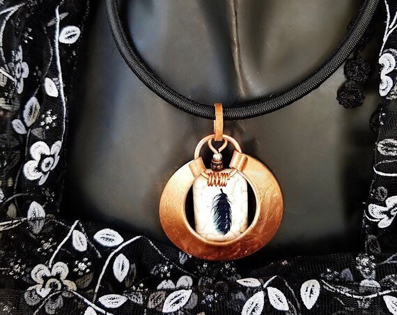 Hand Crafted Necklace with Ceramic Bead with Feather Elegantly Framed by Textured Copper Circle, Hypoallergenic, Vegan Friendly, Unique