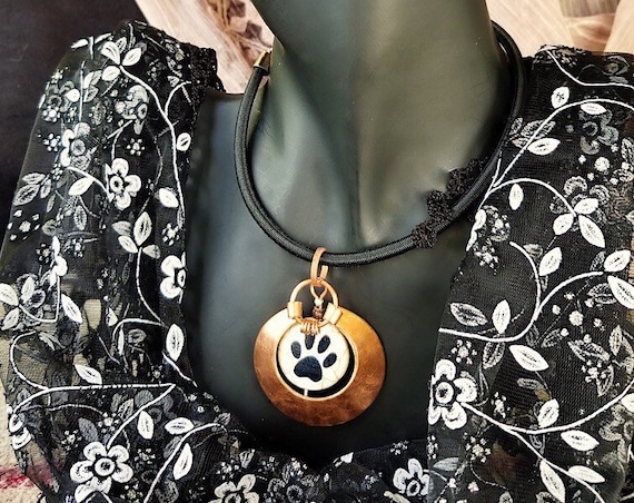 Hand Crafted Copper Necklace with White Ceramic Bead & Black Paw Print Framed Within Elegant Textured Copper Circle, Unique, Bold Design