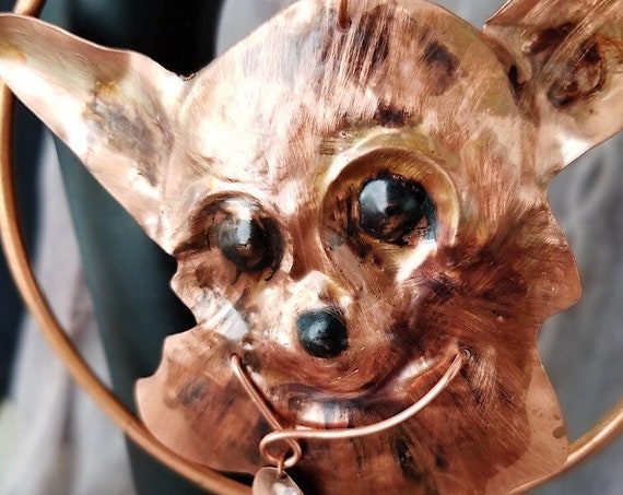 Hand Forged Chihuahua Relief Sculpture in Copper, Hand Painted, Suspended in Copper Wreath, perfect Gift for Chihuahua Lovers!