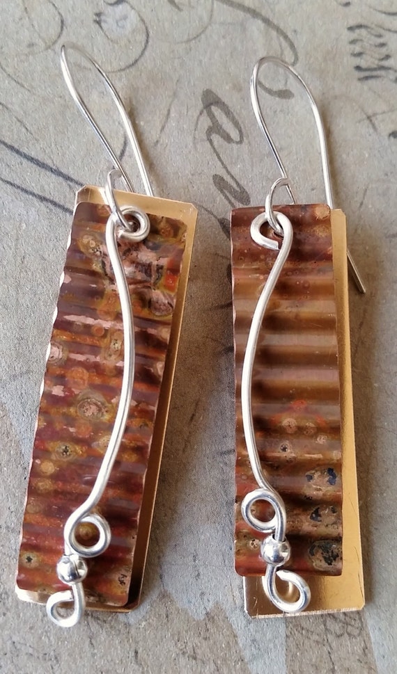 Corrugated Copper and Bronze Multi-Layered Drop Earrings
