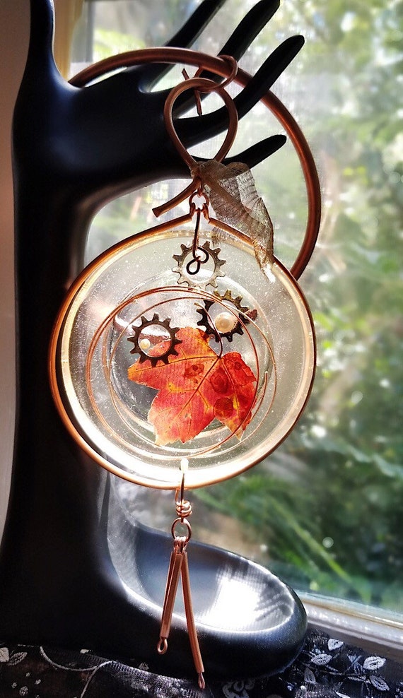 Copper and Resin Sun Catcher/Ornament Featuring Red Maple Leaf with Steampunk Gears, Boho Home Decor, Autumn Leaves, Copper Witch Designs