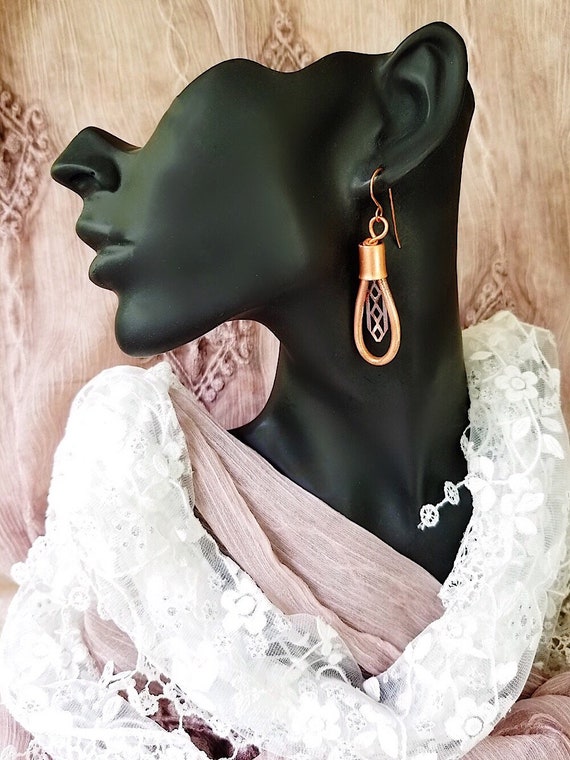 Copper Urban Boho Style Earrings, Uniquely Designed, Copper Tubing with Geometric Inset Pattern, Hypoallergenic, Nickel Free, Vegan Friendly