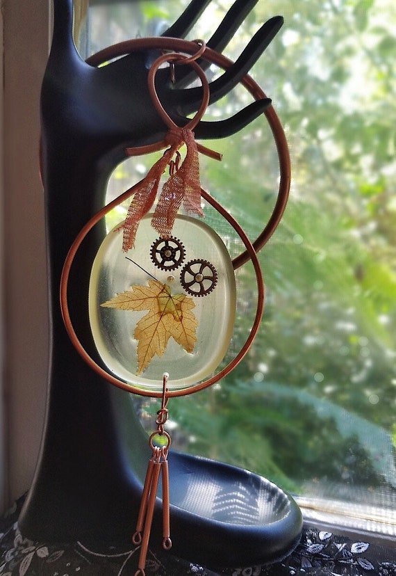 Copper and Resin Sun Catcher/Wall Hanging Featuring Fall Maple Leaf, Nature Art, Home Decor, Vegan Friendly, Copper Witch Designs