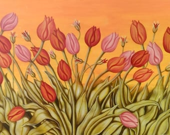 Oil Painting, Original Subject Paintings, Large Canvases, Flowers, Pink Tulips, Red Tulips, Floral Art
