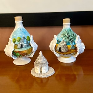 Pumo Oil Cruets, Oil Bottles, Puglia Ceramics, Oil Cruets with Painting, Pumo Puglia, Trulli