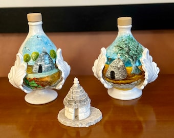 Pumo Oil Cruets, Oil Bottles, Puglia Ceramics, Oil Cruets with Painting, Pumo Puglia, Trulli