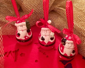 Set of 3 Christmas Decorations, Ceramic Santa Claus, Tree Decorations