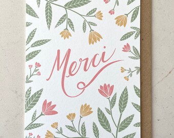 Merci - Carte de Vœux - Illustrée - Carte de voeux - Français - Merci - Fabriqué en France - Jolie - fait main - floral - remerciement