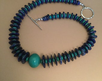 Statement Necklace of Graduated Lapis and Turquoise Spacers.