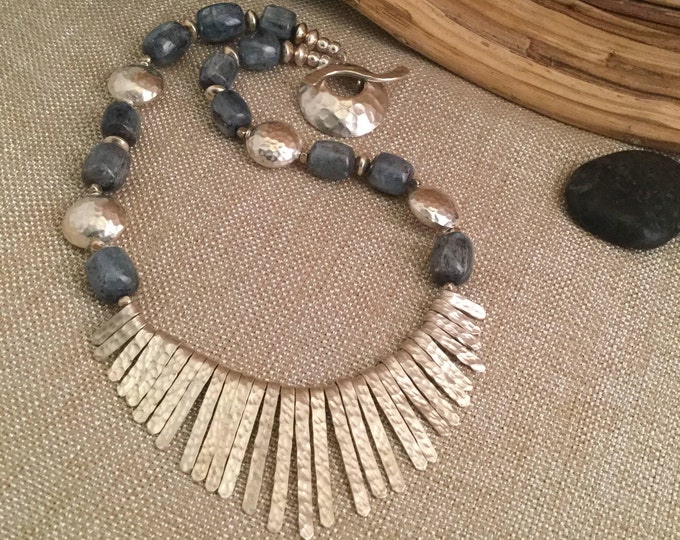 Featured listing image: Statement Necklace with Blue Kyanite and Hammered Silver Coins