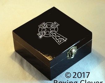 Gothic Cross Jewellery Box -Wooden Inlayed Silver Glitter & Black Gloss Finish-3 Different Sizes- Keepsake/Trinket/Jewelry FREE DELIVERY UK