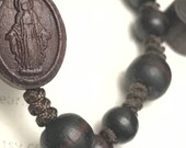 Wood bead rosary on knotted cord made in Brazil, handmade brown 6mm Aves, 8mm Pater beads, New, Laser carved center crucifix.