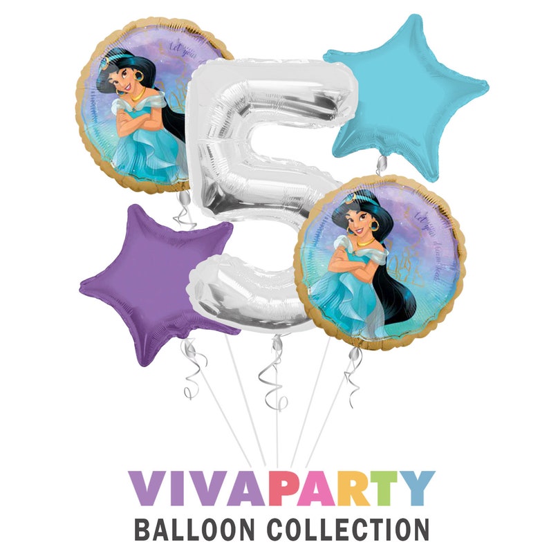 Select from Age 1 to 9 Princess Jasmine Once Upon A Time Happy Birthday Balloon Bouquet 5 pc Viva Party Balloon Collection
