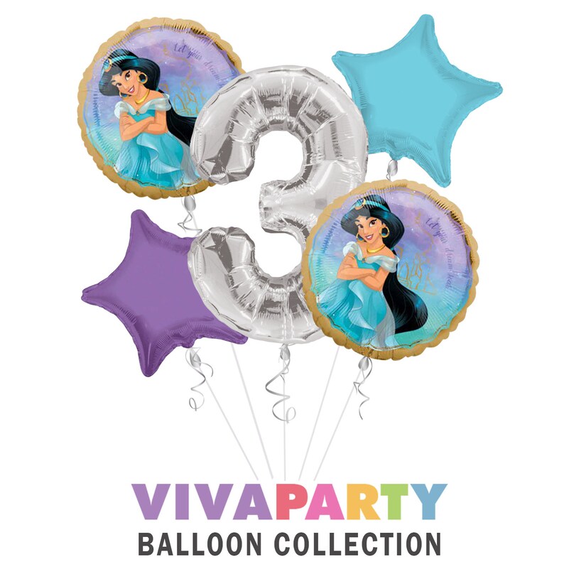Select from Age 1 to 9 Princess Jasmine Once Upon A Time Happy Birthday Balloon Bouquet 5 pc Viva Party Balloon Collection