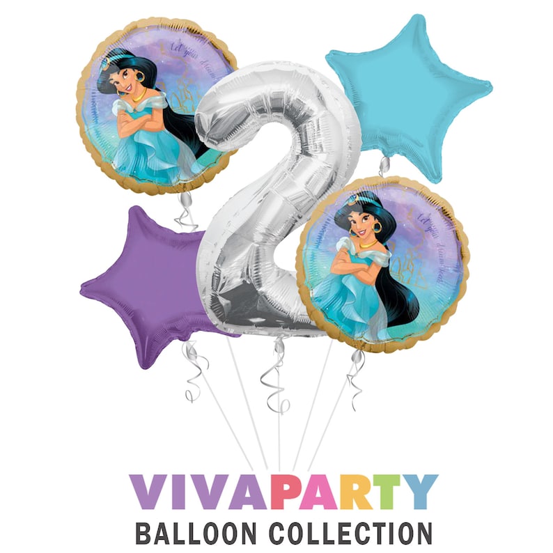 Select from Age 1 to 9 Princess Jasmine Once Upon A Time Happy Birthday Balloon Bouquet 5 pc Viva Party Balloon Collection