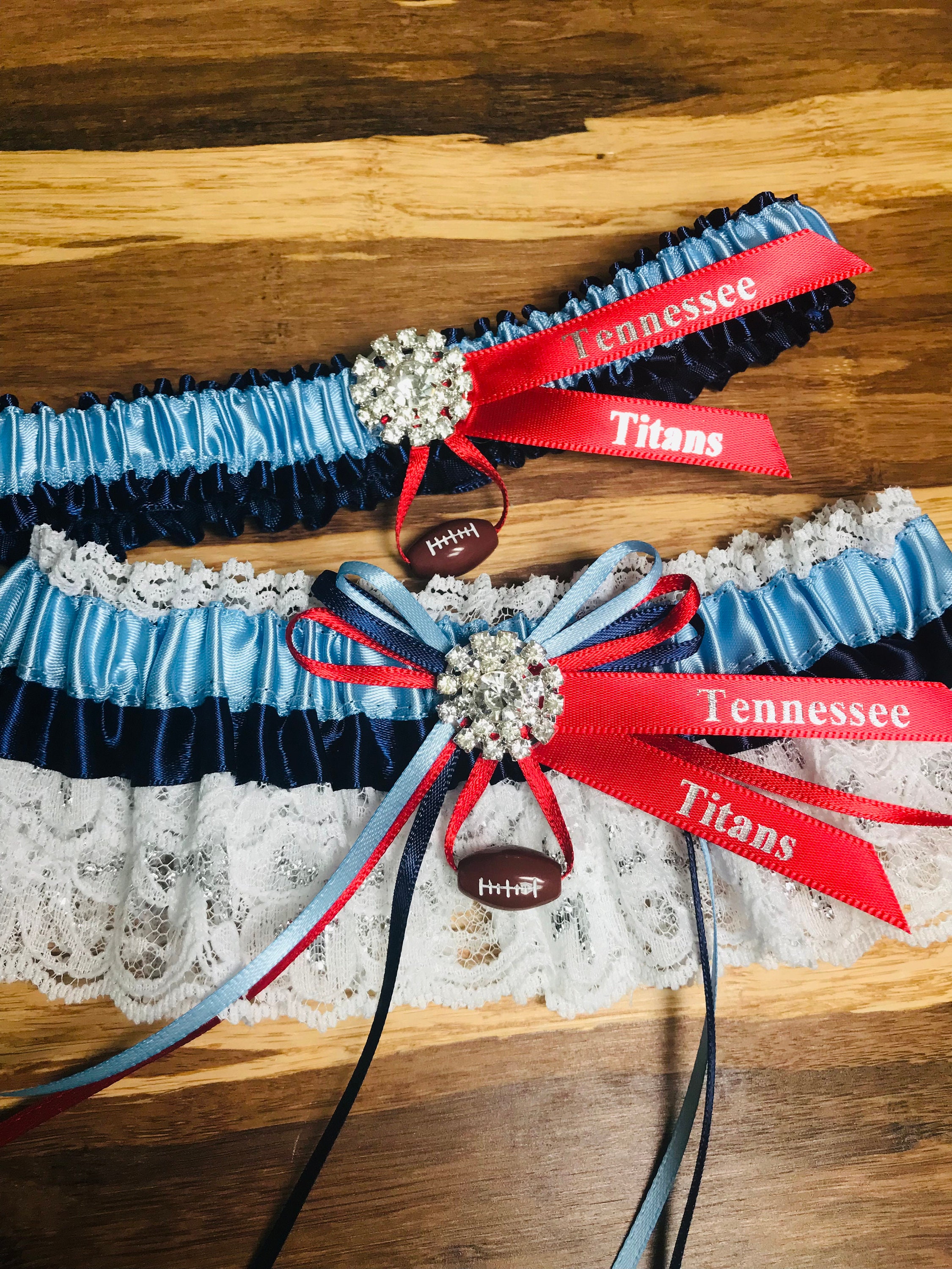 Tennessee Titans fabric handmade into bridal prom organza wedding garter set with football charm Customizable 