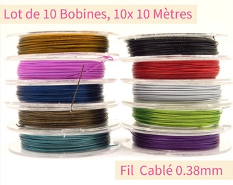 Lot de 10 Bobines Fil Cablé 0.38mm, 10x 10 Mètres, Assortiment 10 couleurs, pour création de bijoux