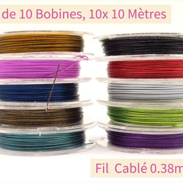 Lot de 10 Bobines Fil Cablé 0.38mm, 10x 10 Mètres, Assortiment 10 couleurs, pour création de bijoux