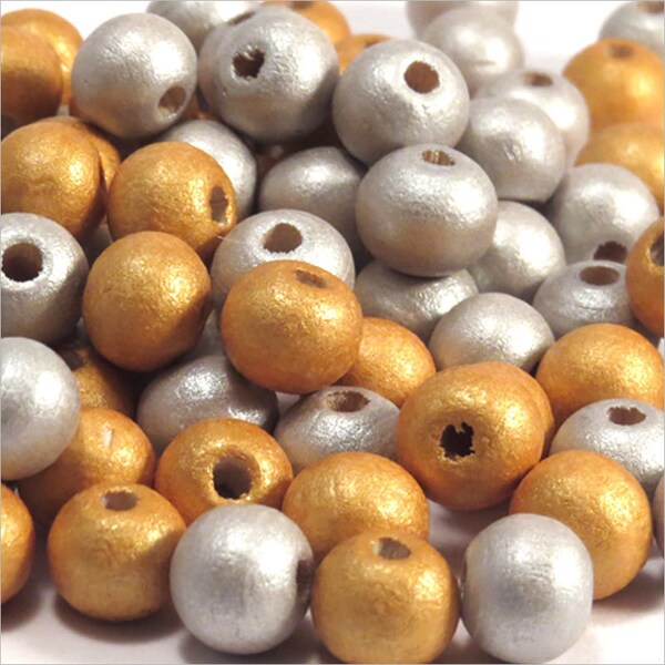 Mélange assorti 100 perles Rondes en bois 8mm Doré Argenté