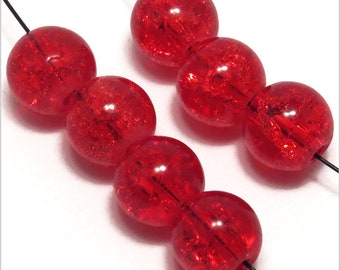Set of 30 Round Cracked Pearls in 8mm Red Glass for Jewelry Creation