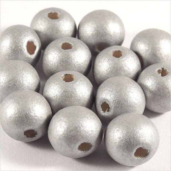 Lot de 20 Perles en Bois 12mm Argenté