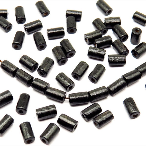 Lot de 100 Perles Tube en Bois 8x5mm Noir, trous 1,5mm pour Création de Bijoux