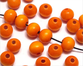 Perles Rondes en Bois 10mm Orange pour Création de Bijoux, Lot de 40 pcs