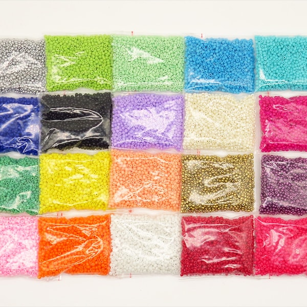 Lot of 20 bags of 2mm Opaque glass seed beads, Assortment of 20 different colors, 32000 beads