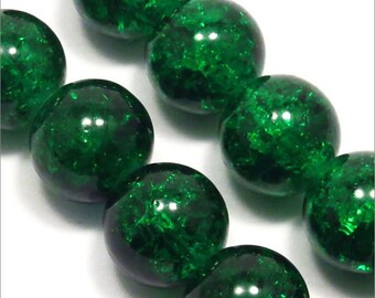 Set of 20 Round Beads Cracked Glass 10mm Dark Green