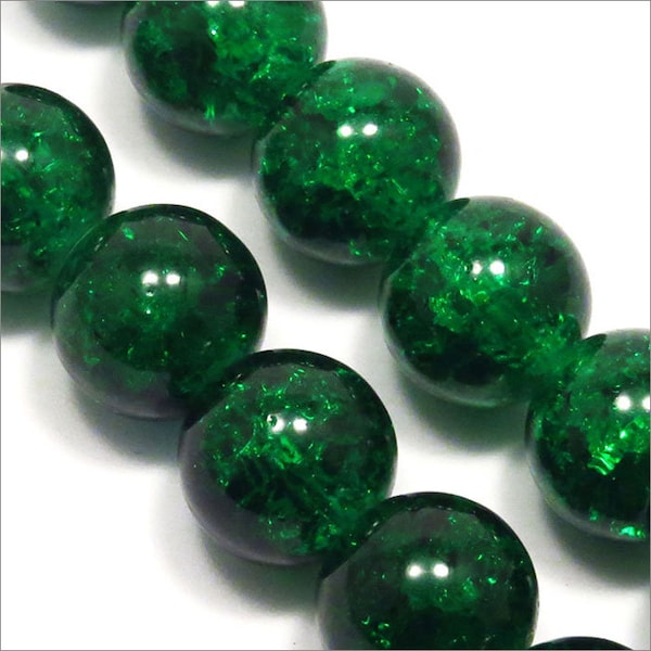 Lot de 20 Perles Rondes Craquelées en Verre 10mm Vert foncé